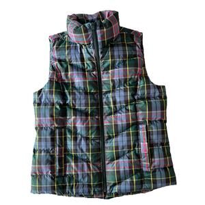 Lands End Tartan Plaid Quilted Down Zippered Higher Neck Puffer Vest Pockets XS